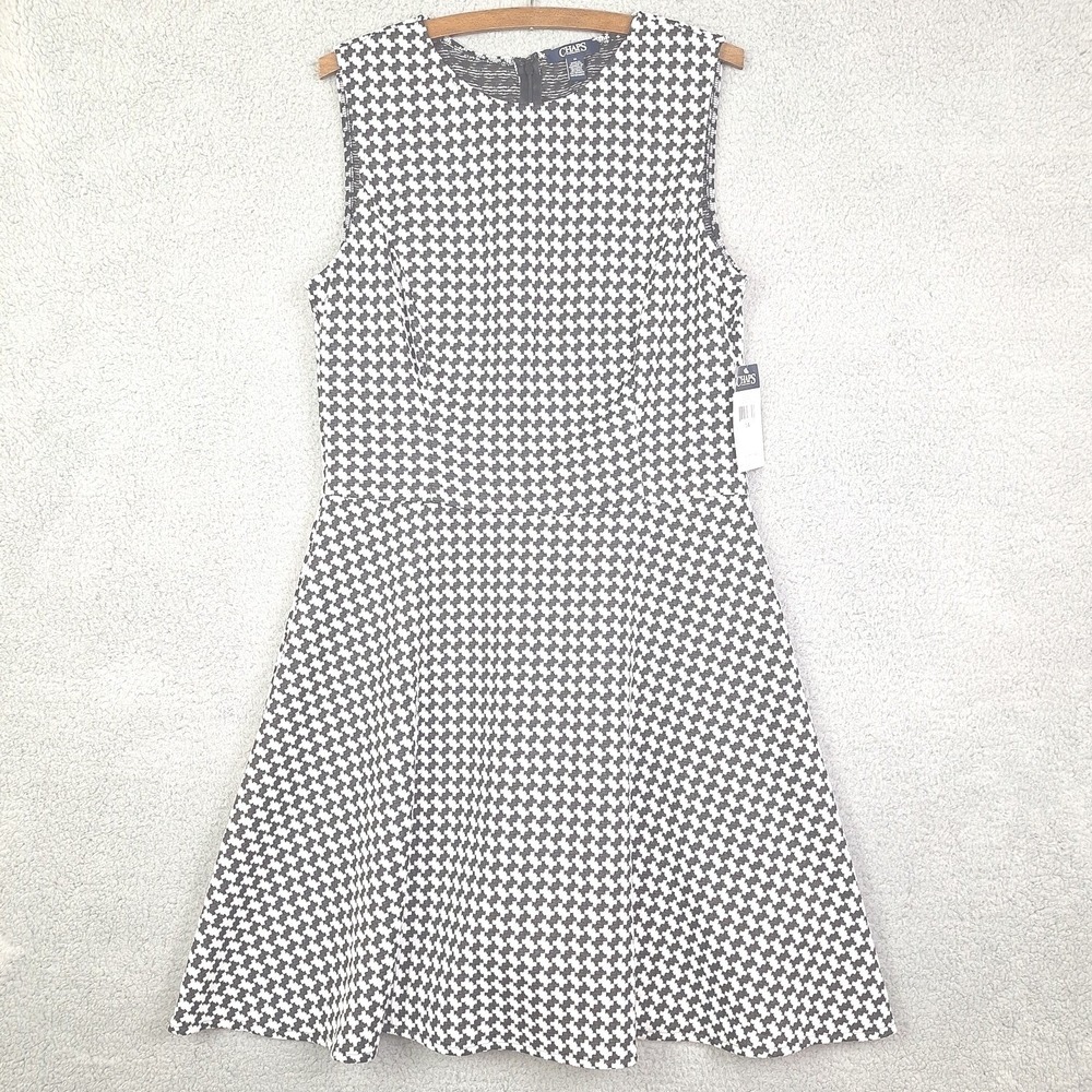 Chaps Dress Womens 14 Black White Houndstooth Fit Flare Academia NWT